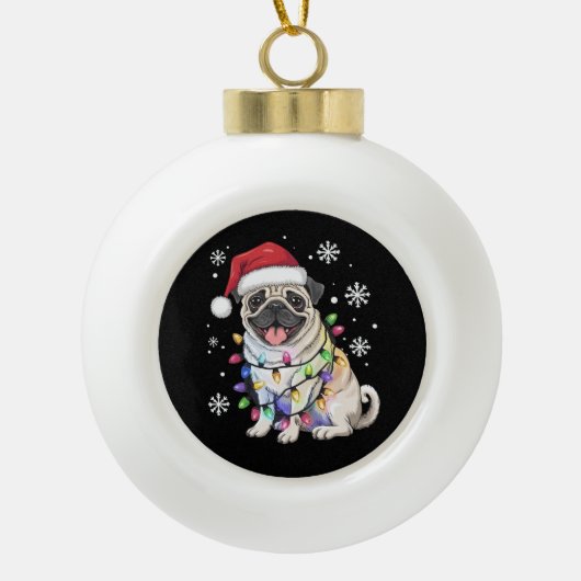 Santa Pug Christmas Lights Xmas Hondenliefhebber Keramische Bal Ornament (Voorkant)