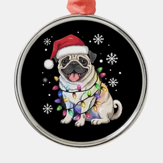 Santa Pug Christmas Lights Xmas Hondenliefhebber Metalen Ornament (Voorkant)