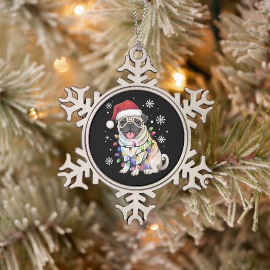 Santa Pug Christmas Lights Xmas Hondenliefhebber Tin Sneeuwvlok Ornament (Boom)