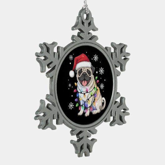 Santa Pug Christmas Lights Xmas Hondenliefhebber Tin Sneeuwvlok Ornament (Links)