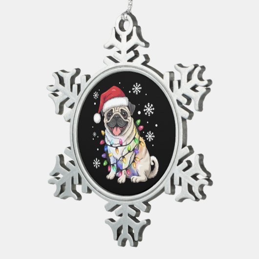Santa Pug Christmas Lights Xmas Hondenliefhebber Tin Sneeuwvlok Ornament (Rechts)