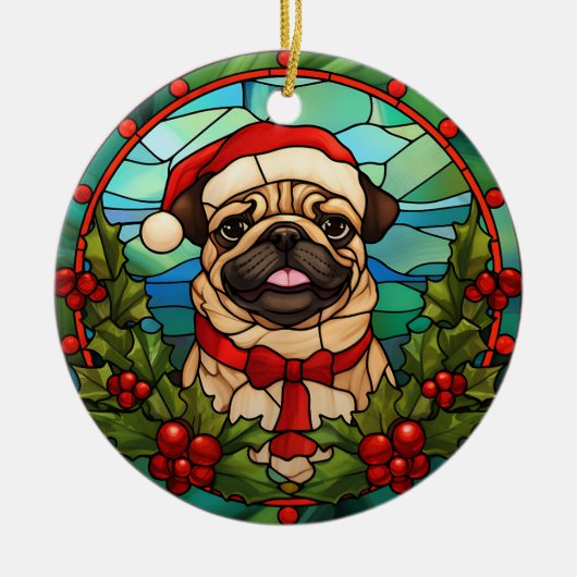 Santa Pug Hond Holly Berry krans Kerstmis Keramisch Ornament (Voorkant)