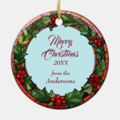 Santa Pug Hond Holly Berry krans Kerstmis Keramisch Ornament (Achterkant)