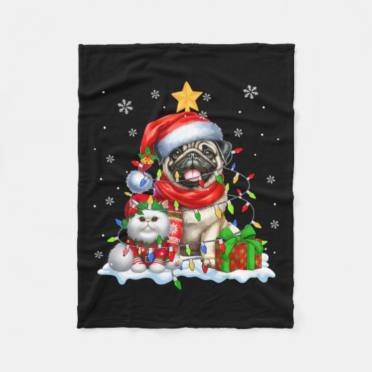 Santa Pug Met Elf Cat Kerstverlichting Eigenaar Ki Fleece Deken (Voorkant)