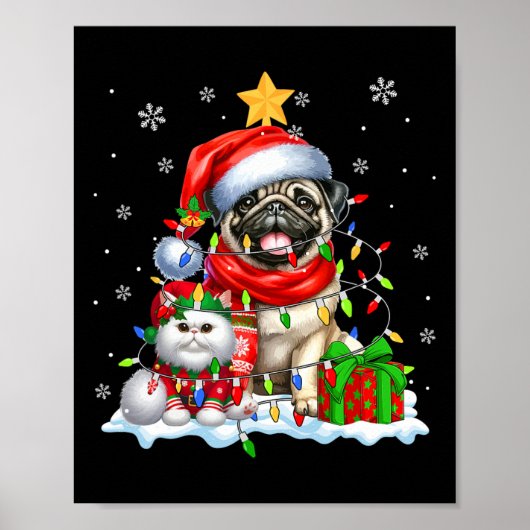 Santa Pug Met Elf Cat Kerstverlichting Eigenaar Ki Poster (Voorkant)