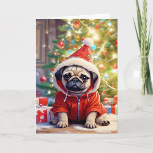 Santa Pug onder de kerstboom Feestdagen Kaart (Voorkant)