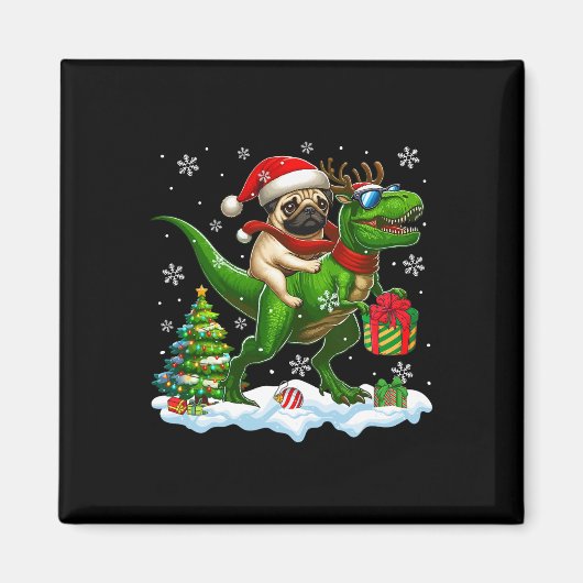 Santa Pug Riding Reindeer T-rex Christmas Kinder T Magneet (Voorkant)
