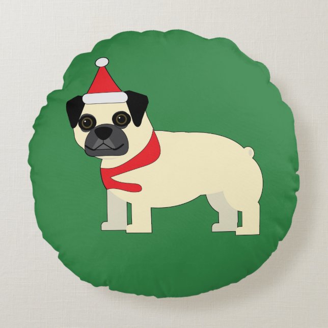 Santa Pug Rond Kussen (Voorkant)