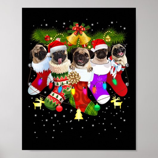 Santa Pugs in kerstsokken Funny Xmas Hondenliefheb Poster (Voorkant)