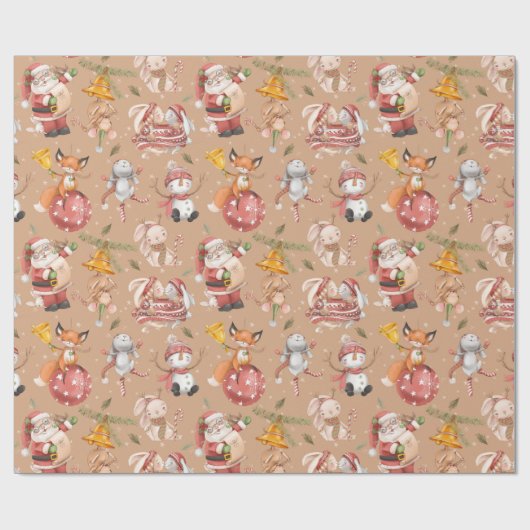 Santa Rabbit Fox Winter Holiday Patroon Cadeaupapier (Vlak)