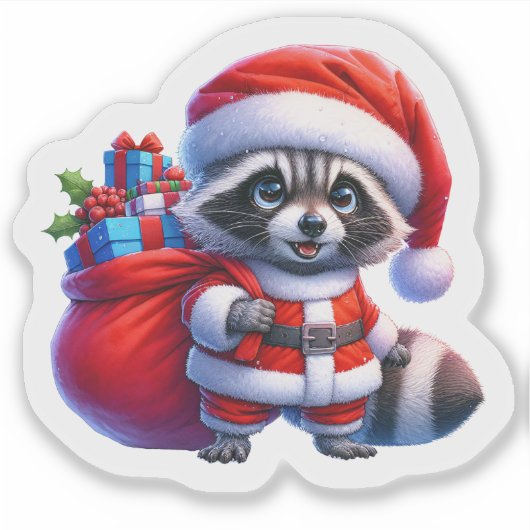 Santa Raccoon met kerstcadeaus Sticker (Voorkant)