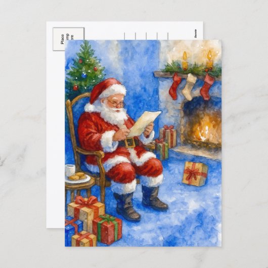 Santa Reading Letters by the Fireplace Postcard Feestdagenkaart (Voorkant / Achterkant)