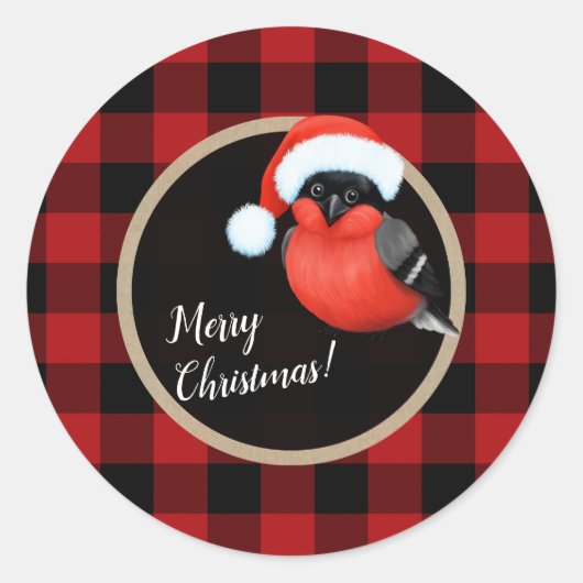 Santa Red Bird Kerstvakantie Red Buffalo Plaid Ronde Sticker (Voorkant)
