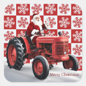 Santa Red Tractor  Boerderij Kerst Vierkante Sticker (Voorkant)