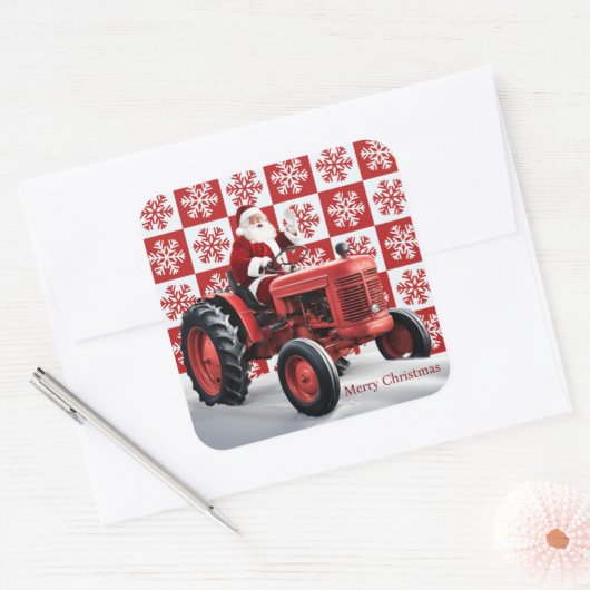 Santa Red Tractor  Boerderij Kerst Vierkante Sticker (Envelop)