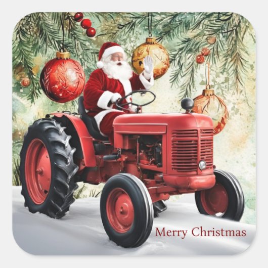 Santa Red Tractor  Boerderij Kerst Vierkante Sticker (Voorkant)