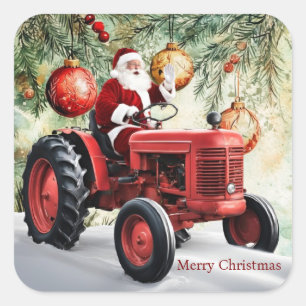 Santa Red Tractor  Boerderij Kerst Vierkante Sticker