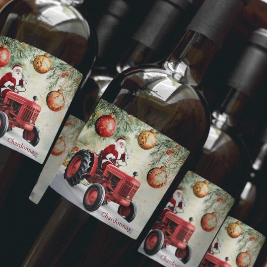 Santa Red Tractor  Boerderij Kerst Wijn Etiket