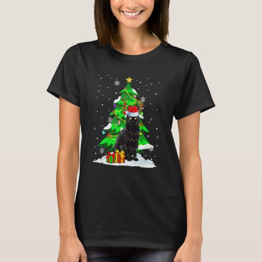 Santa Reindeer Black Cat Xmas Tree Lights Christma T-shirt (Voorkant)