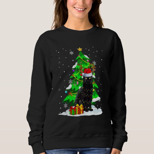 Santa Reindeer Black Cat Xmas Tree Lights Christma Trui (Voorkant)