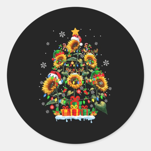 Santa Reindeer Elf Sunflowers As Xmas Tree Flowers Ronde Sticker (Voorkant)