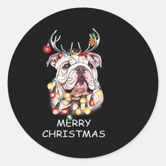 Santa Reindeer English Bulldog Dog Christmas Light Ronde Sticker (Voorkant)