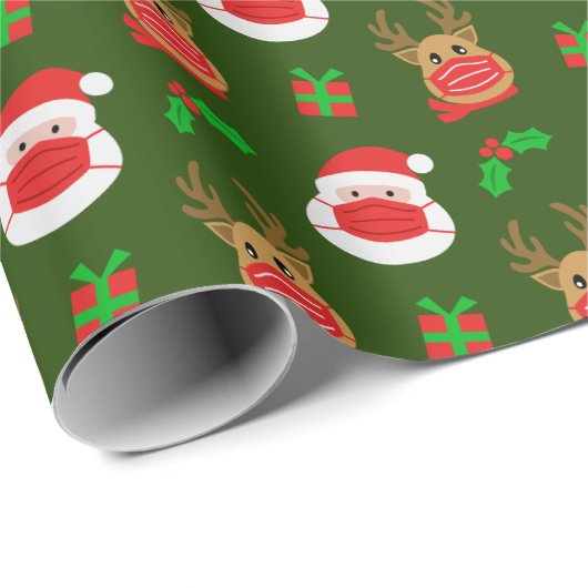 Santa Reindeer Face Mask Dark Green Kerstmis Cadeaupapier (Rol Hoek)
