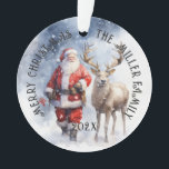 Santa Reindeer gepersonaliseerd Ornament<br><div class="desc">Dit ornament met een kerstthema heeft een  kerstman met rendieren en aanpasbare tekst is een ideaal ornament voor elke kerstboom. U kunt eenvoudig uw familienaam en het jaar wijzigen om dit ornament uniek te maken voor u.</div>