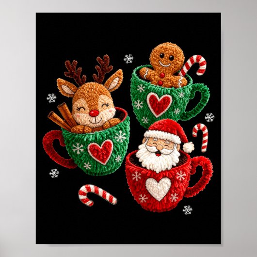Santa Reindeer Gingerbread Faux Yarn Christmas  Poster (Voorkant)