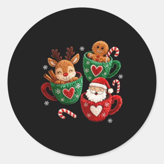 Santa Reindeer Gingerbread Faux Yarn Christmas Ronde Sticker (Voorkant)