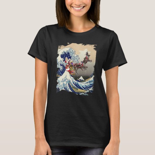 Santa Reindeer Over Great Wave Christmas T-shirt (Voorkant)