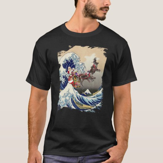 Santa Reindeer Over Great Wave Christmas T-shirt (Voorkant)