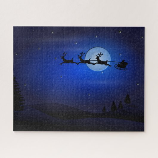 Santa Reindeer over maan in blauw Legpuzzel (Horizontaal)