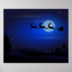 Santa Reindeer over maan in blauw Poster