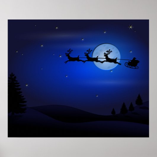 Santa Reindeer over maan in blauw Poster (Voorkant)