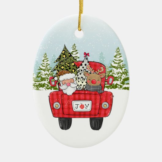 Santa Reindeer Red Truck Winter Forest Kinder Keramisch Ornament (Voorkant)