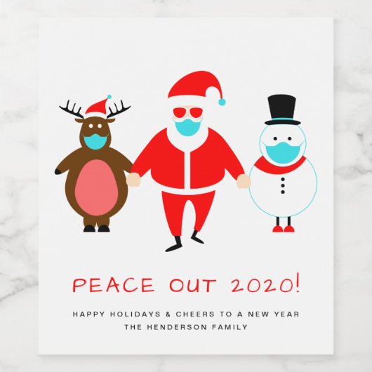 Santa Reindeer Snowman Face Mask Peace Out 2020 Wijn Etiket (Enkel label)