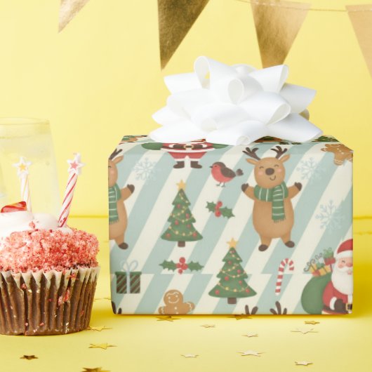 Santa & Reindeer Striped Christmas Wrapping Paper Cadeaupapier (Verjaardagsfeest)
