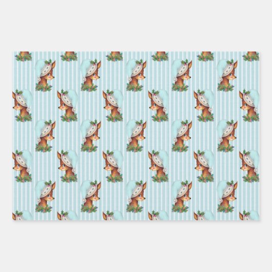  Santa & Reindeer Turquoise Stripe Inpakpapier Vel (Voorkant 3)