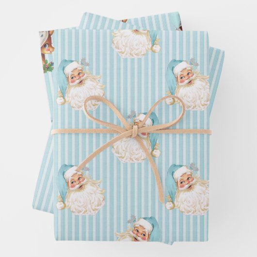  Santa & Reindeer Turquoise Stripe Inpakpapier Vel (In situ)