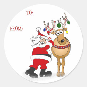 Santa rendier Christmas Gift sticker: NAAR: VAN: Ronde Sticker