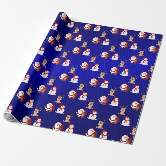 Santa, Rendier en Snowman X'mas Wrapping Paper Cadeaupapier (Uitgerold)