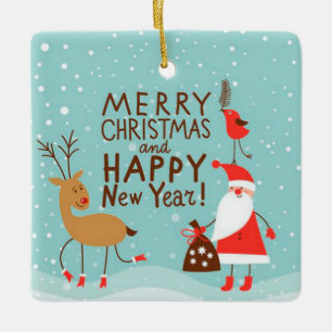 Santa, rendier en vogel met sneeuwvlokken keramisch ornament