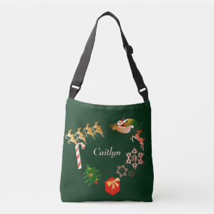 Santa Rendier Kerstmis Groen + Naam Crossbody Tas