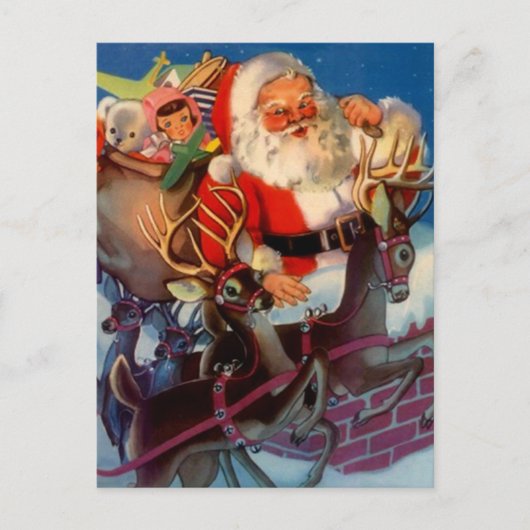 Santa & rendier slee speelgoed schoorsteen Feestdagenkaart (Voorkant)