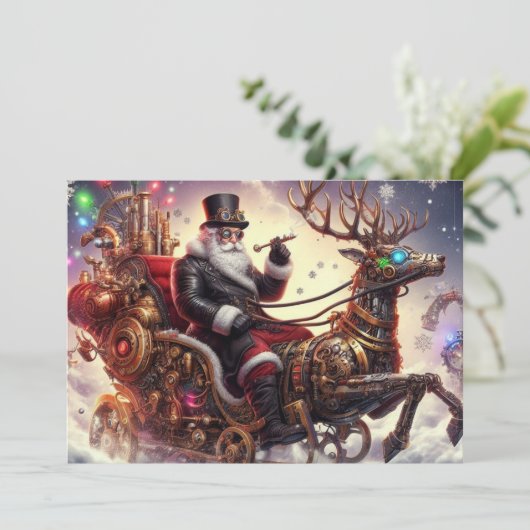 Santa/Rendier steampunk Kerstmis/winter Feestdagenkaart (Staand voorkant)