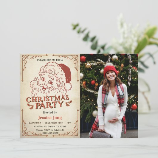 Santa Retro Kerstfeest foto Kaart (Staand voorkant)