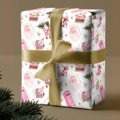  Santa Retro Roze Kerst Custom Monogram Cadeaupapier