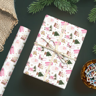 Santa Retro Roze Kerst Custom Monogram Cadeaupapier