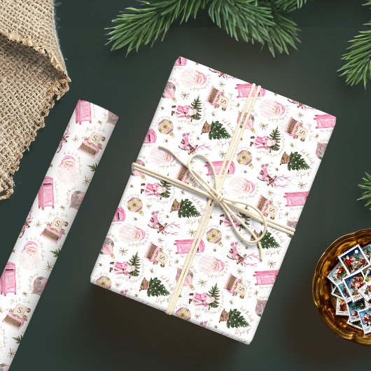  Santa Retro Roze Kerst Custom Monogram Cadeaupapier